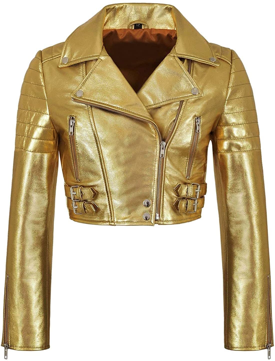 Women's Chic Golden Metallic High Waist Crop Ladies Motorcycle Leather Jacket