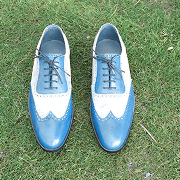 Two Tone Blue White Cont Wing Tip Derby Plain Rounded Toe Leather Shoes US 7-16