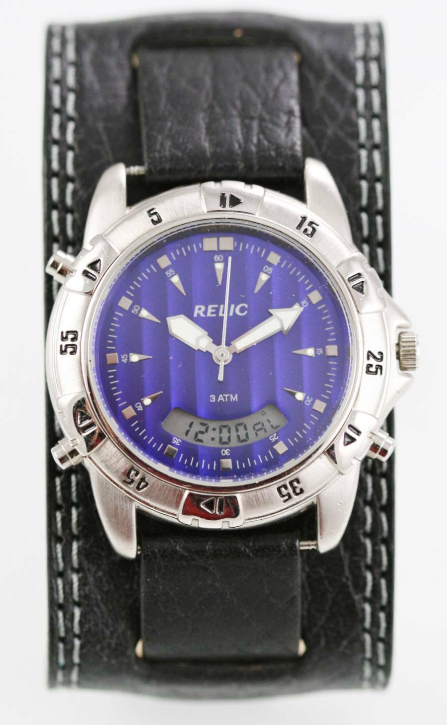 Relic Watch Mens Blue Date Alarm 24hr Stainless Silver Black Leather
