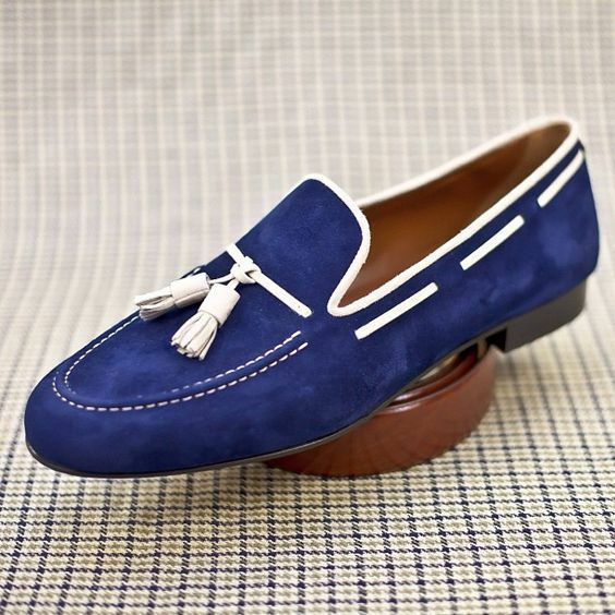 New Handmade Men's Blue Suede White Tassel Slip Ons Loafer Dress Formal ...