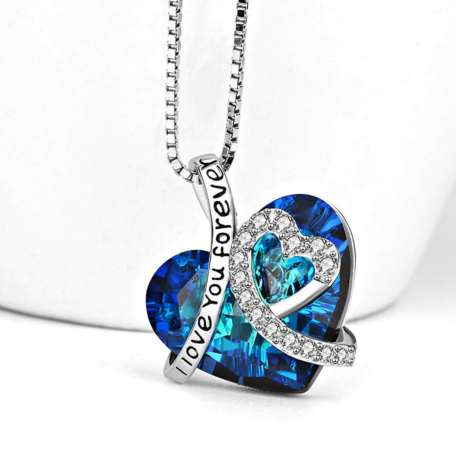 Blue Crystal Heart Pendant NecklaceI Love You Forever with Rhinestone Crystals