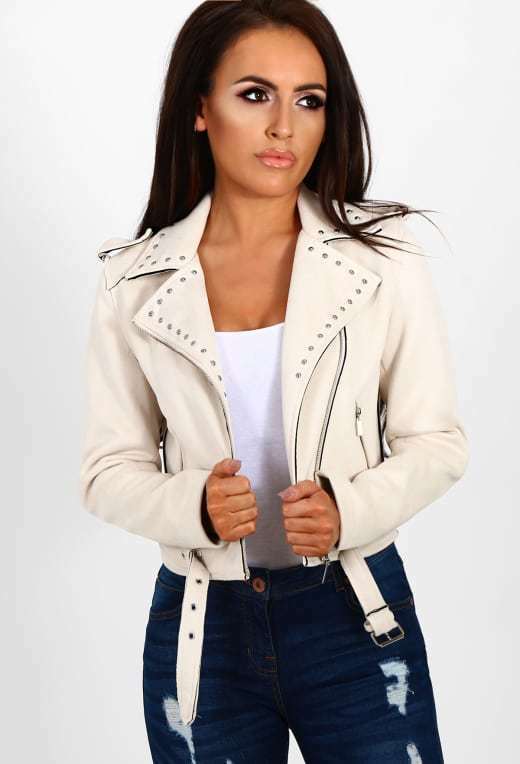 Women White Cropped Biker Genuine Leather Belted Silver Studded Slim Fit Jacket