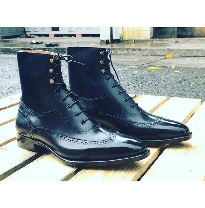 New Handmade Men's Navy Blue Wingtip Brogue Dress Boots Ankle High Leather Boot