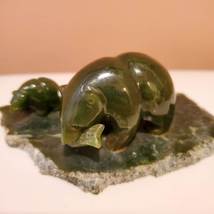 Nephrite Jade Sculpture, Bear with Fish and Cub on Slab Base, Green Stone Animal image 2