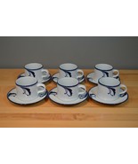 6 Dansk Flora Bayberry Blue Tea Coffee Cups and Saucers White Blue Japan 9&quot; - $27.99