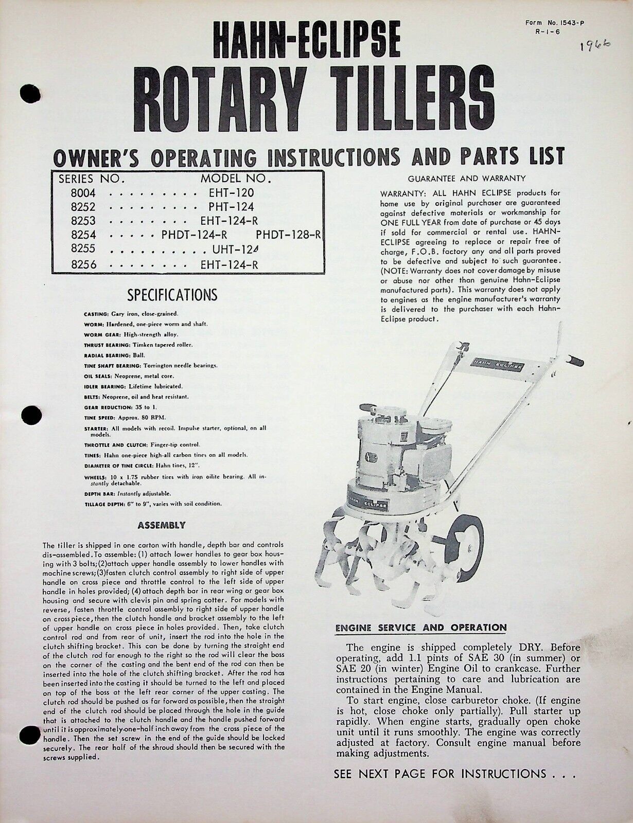 Rotary Tillers EHT120 Hahn Eclipse Lawn Garden Operating Manual Parts