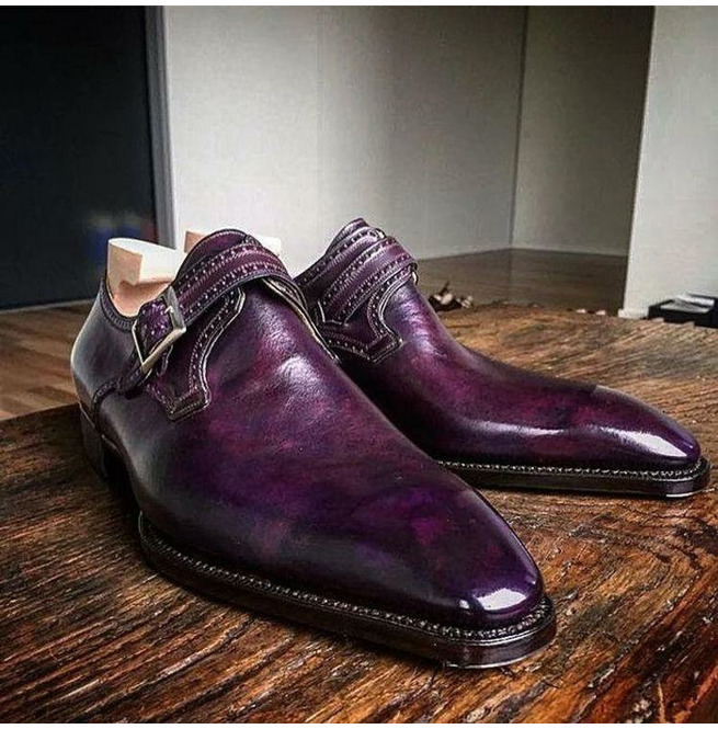 Single Monk Buckle Strap, Patina Purple Pure Leather, Men Handmade Formal Shoes,