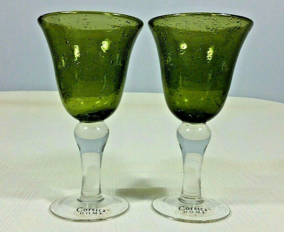 Tabletops Unlimited Corsica Home Green and Clear Blown Glass Goblets 14
