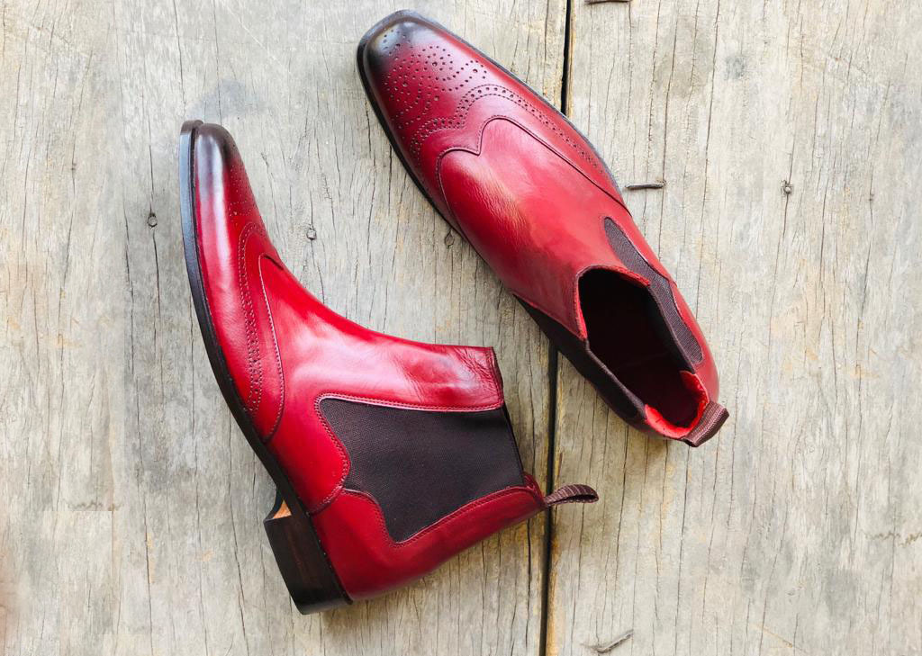 Handmade Men Burgundy Leather Wing Tip Brogue Chelsea Ankle Boots, Designer Boot