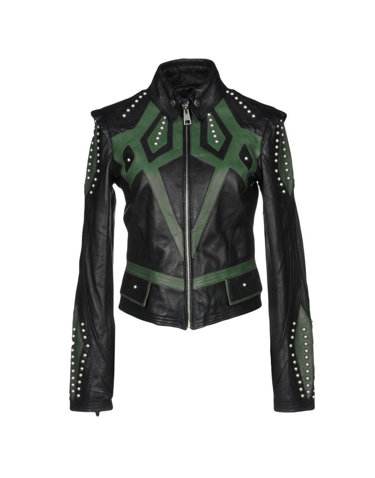 Women Two Tone Black Green Burnished Cont Real Leather Silver Small Studs Jacket