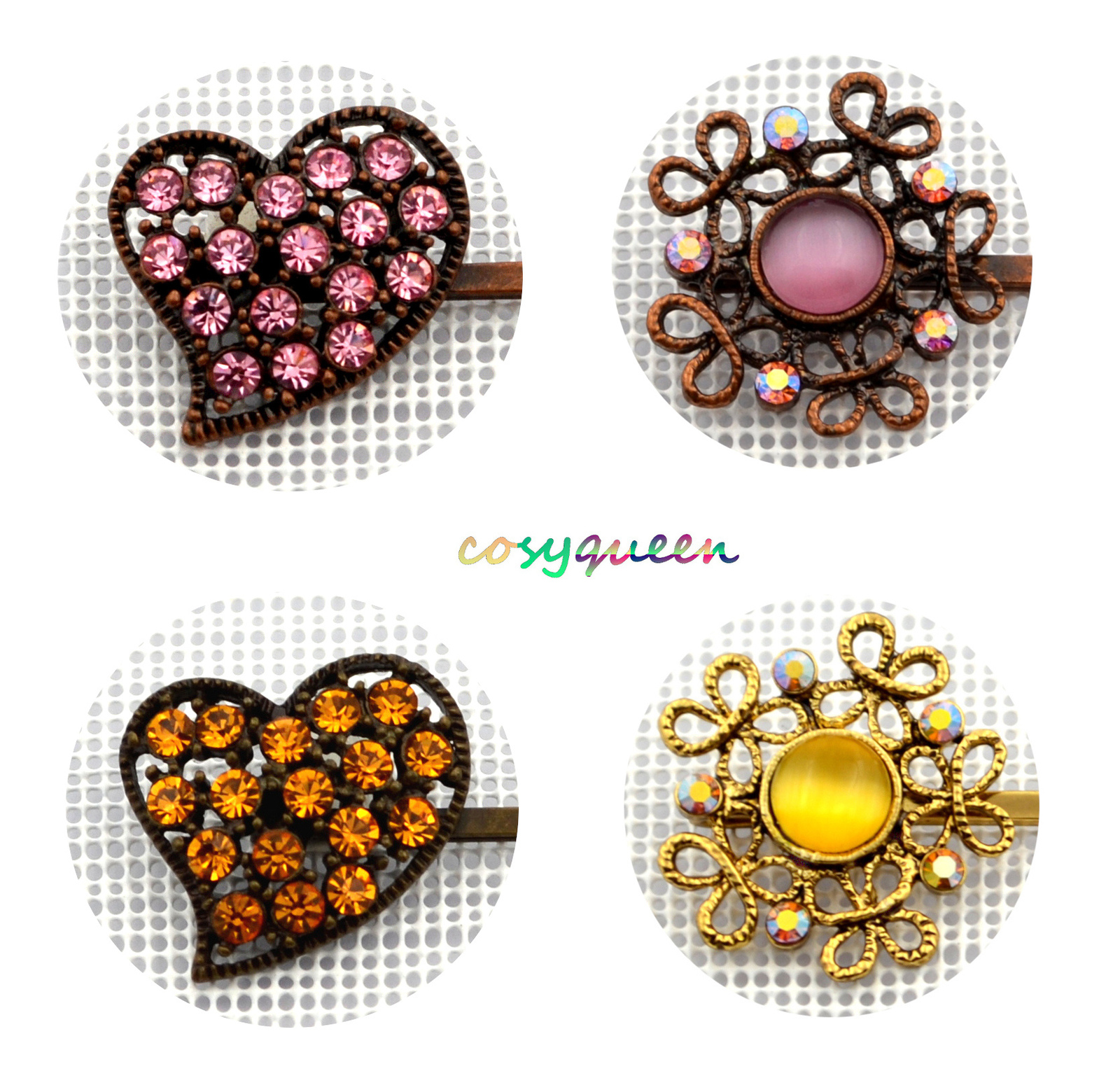 4 Pack Amber Pink Filigree Floral Heart Swarovski Element Crystal Bobby Pins
