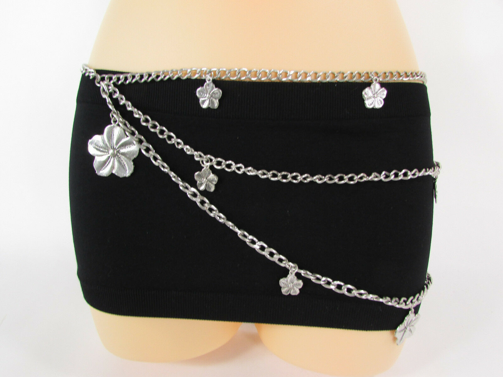Women Hip Waist Silver Metal Chain Waves Artsy Fashion Belt Flower
