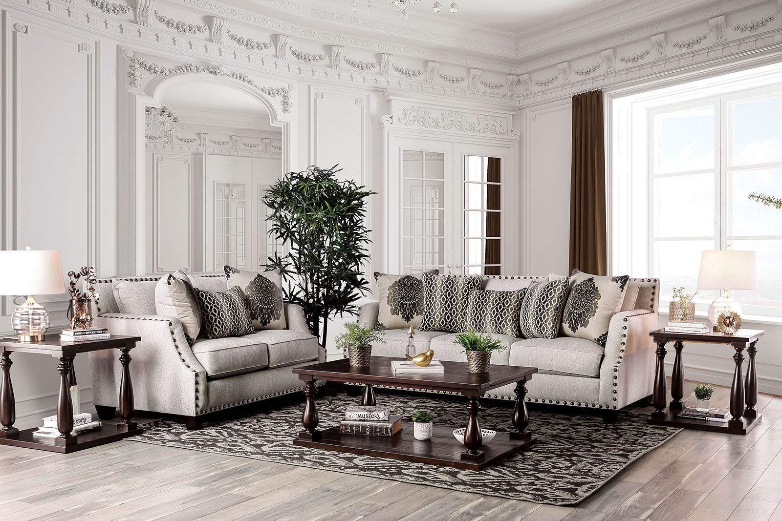 Kumasi Transitional Sofa Set in Beige Fabric with Free Accent Pillows