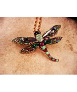Large Monet dragonfly necklace - big 4&quot; rhinestone brooch - dramatic gre... - $175.00