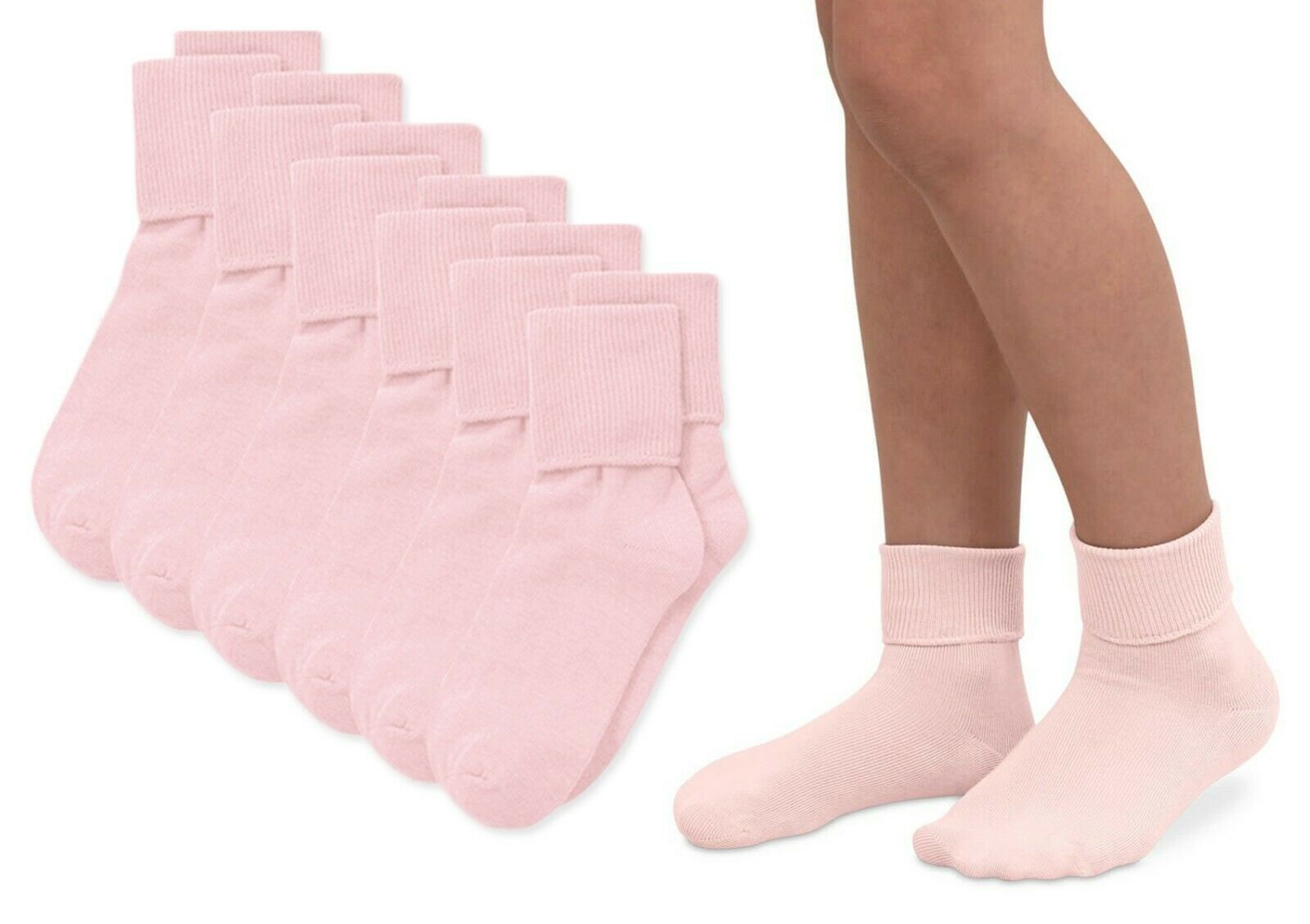 Jefferies Socks Girls Turn Cuff Cotton Ribbed School Ankle Slouch Pink Socks 6PK