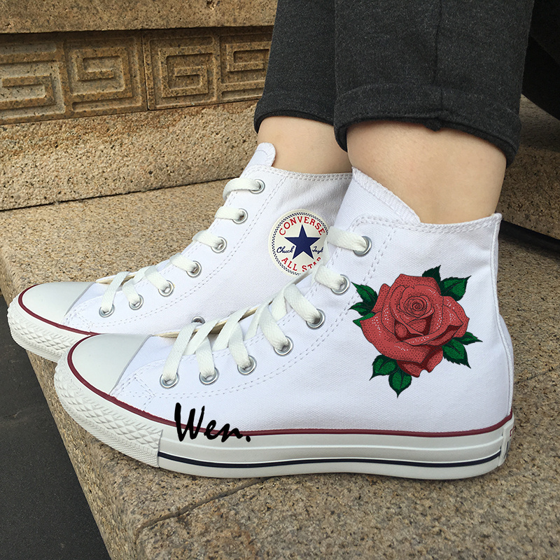 Woman Gifts Original Converse Shoes Design Red Rose Flower Canvas Sneakers