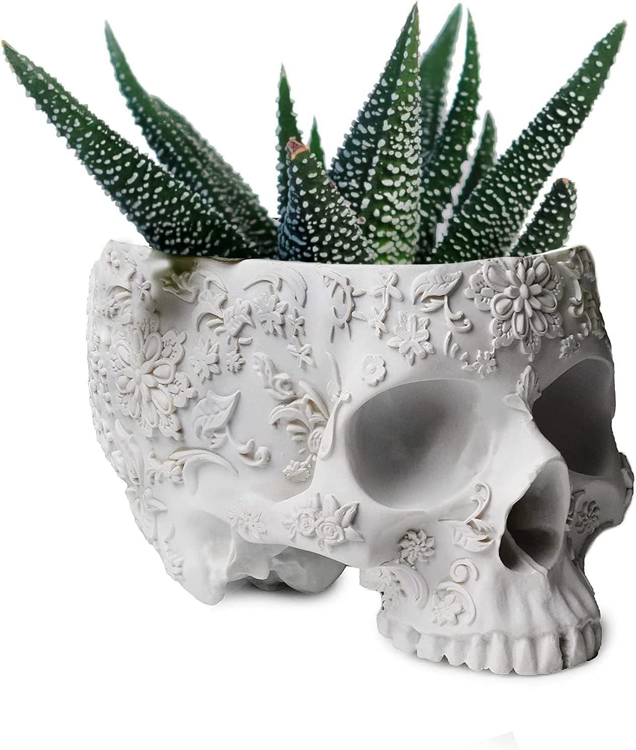 Skull Plant Planter Pot 6" Deep Polyresin Skulls Pot For Succulents,, White - $39.97