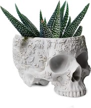 Skull Plant Planter Pot 6&quot; Deep Polyresin Skulls Pot For Succulents,, White - $39.97