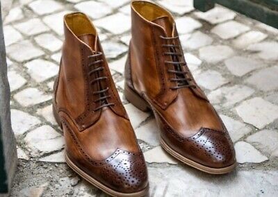 Genuine Two Tone Wing Tip Leather Brown Tan High Ankle Men Lace Up Vintage Boots