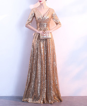 Women Long Sequin Dress Outfit Half Sleeve Wedding Gold Sequin Dress Plus Size image 7