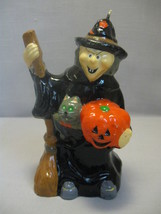 Halloween Figurine Candle Witch With Broom Stick Cat and Pumpkin - $7.95