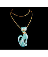 Turquoise Rhinestone cat necklace and brooch - 18&quot; chain enamel necklace... - $85.00
