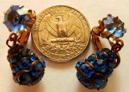 Vintage Shimmering Dark Blue Rhinestones Tear Drop Clip Earrings - $15.99