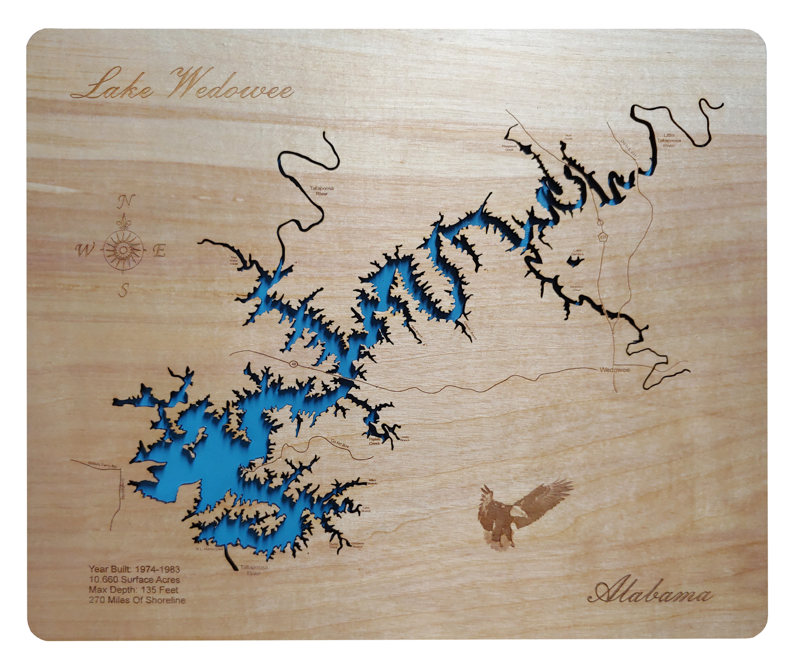 Wood Laser Cut Map of Lake Wedowee, AL Topographical Engraved Map ...