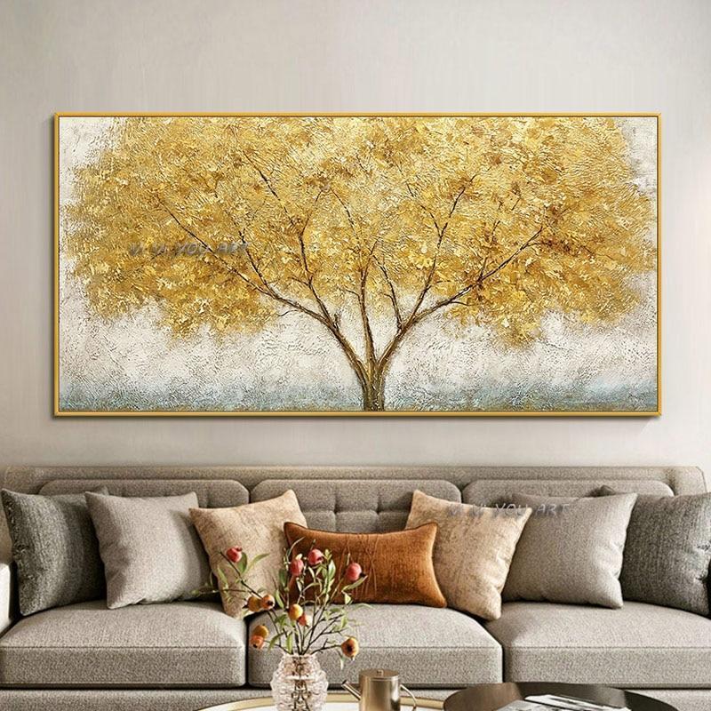 100% Handmade Abstract Oil Painting Large Golden Tree Canvas Wall Art Landscape