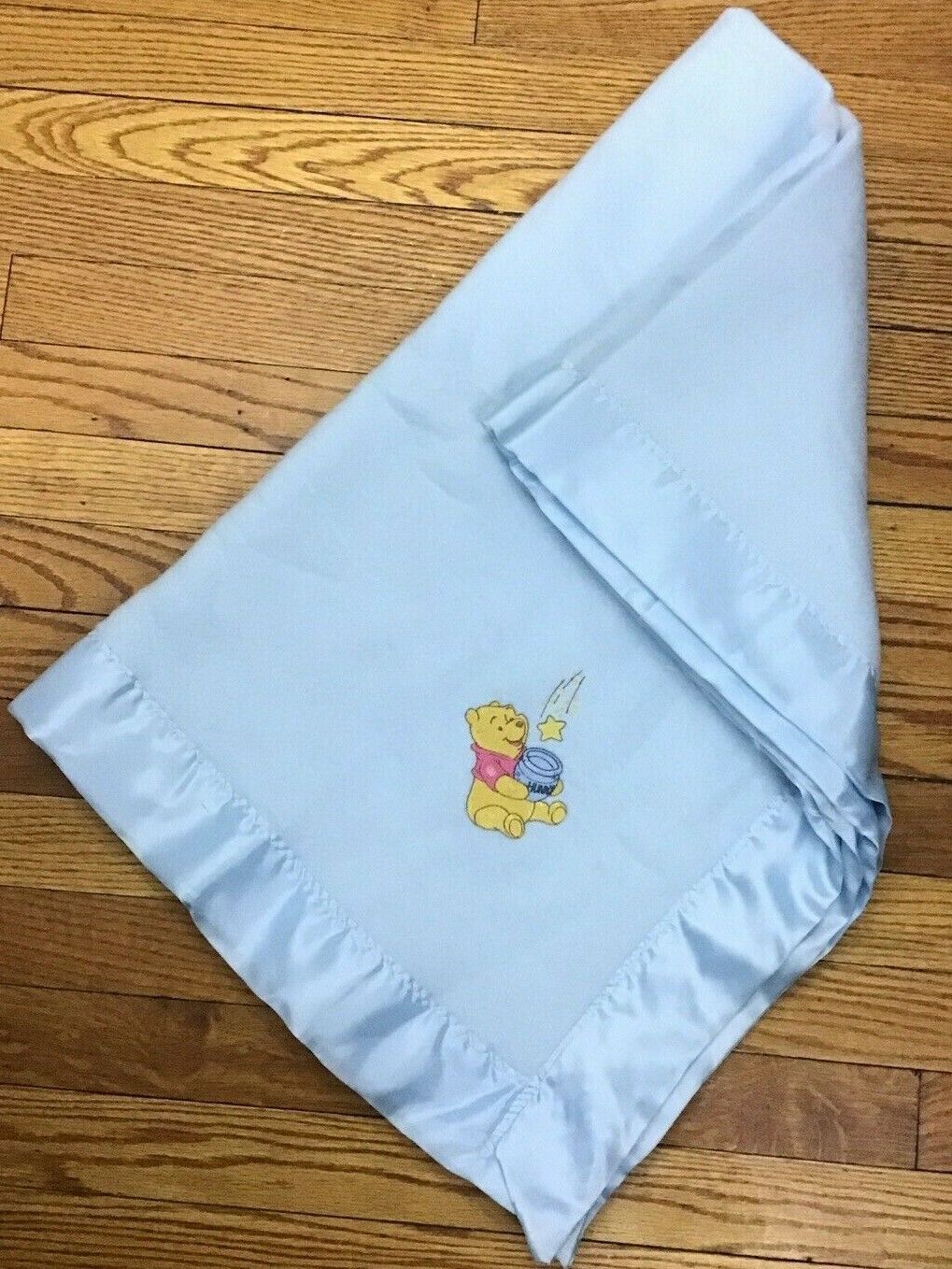 Disney Winnie the Pooh Baby Blanket Blue with Satin Trim and Pooh Bear Design Blankets & Throws