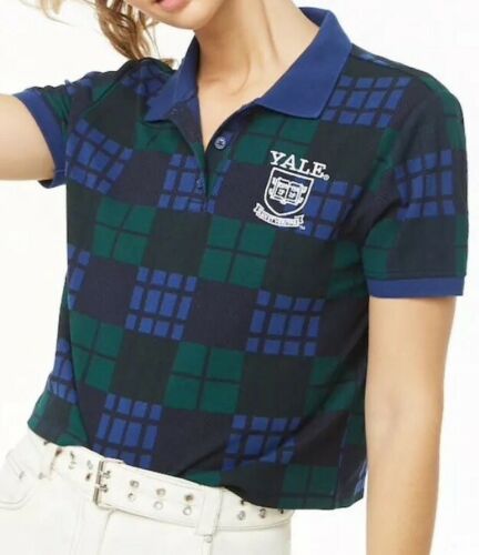 Yale University Checkered Plaid Polo Short Sleeve Shirt Embroidered Logo M NEW