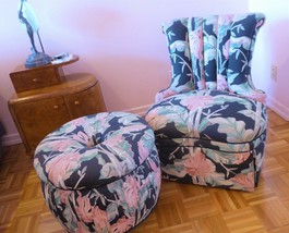 Vintage 1940&#39;S ART DECO CHANNEL BACK UPHOLSTERED  CLUB CHAIR &amp; OTTOMAN - $377.00