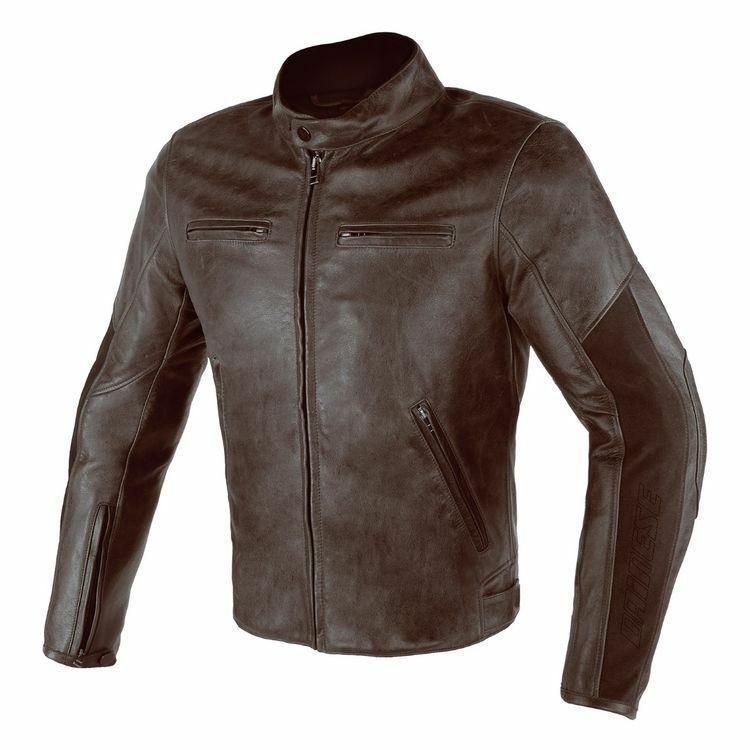 Men Dark Brown Motor Bike Front Zipper Cowhide Genuine Leather Safety Pad jacket