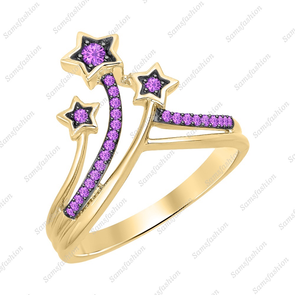 Round Amethyst 14k Yellow Gold Over 925 Silver Three Star Fashion Ring Women's