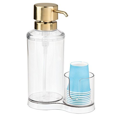 mDesign Mouthwash Pump Dispenser with Disposable Cup Caddy for Bathroom