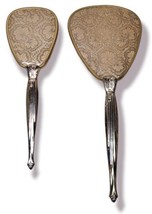 VINTAGE ART DECO BRASS TONE VANITY BRUSH AND HAND MIRROR FLORAL FLOWER DEISGN