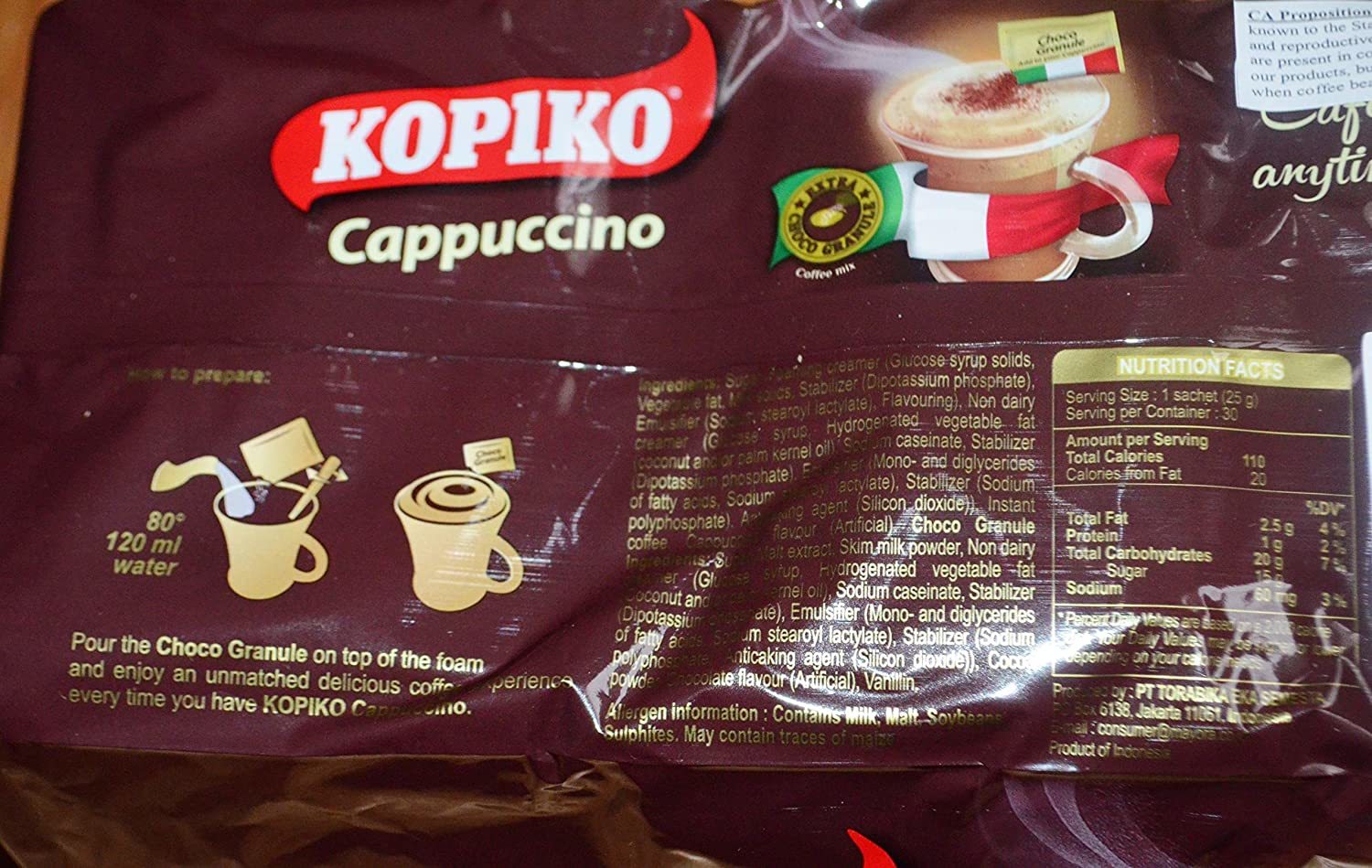 Kopiko Cappuccino Instant Coffee Mix with Choco Granule 25 g X 30