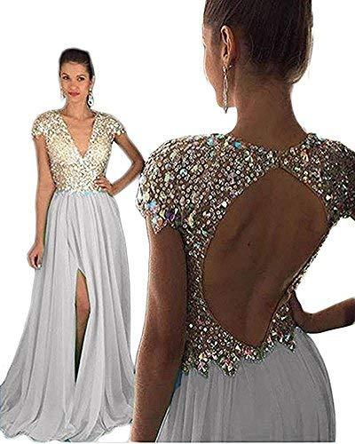Lemai Backless Crystals Beaded Long Front Slit Prom Dresses Evening Gowns Silver