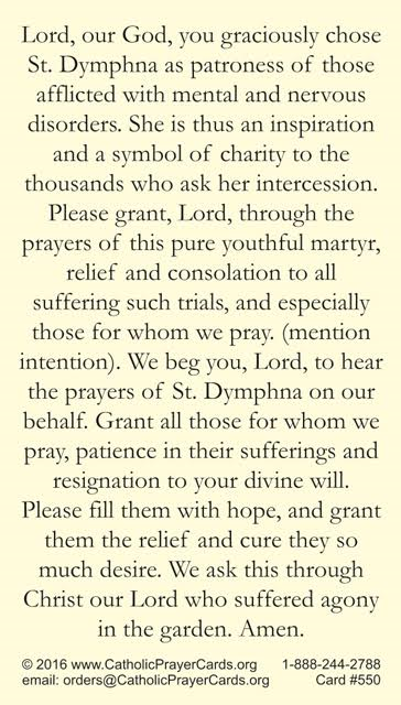 St. Dymphna Patron Saint of Depression & Anxiety, Laminated Prayer Card