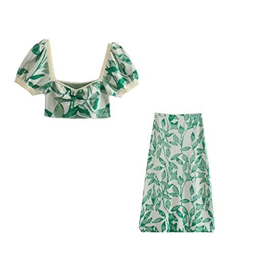 Green Leaves Print Jacquard Knitting Midi Skirt Female Side Zipper Chic Slim QUN