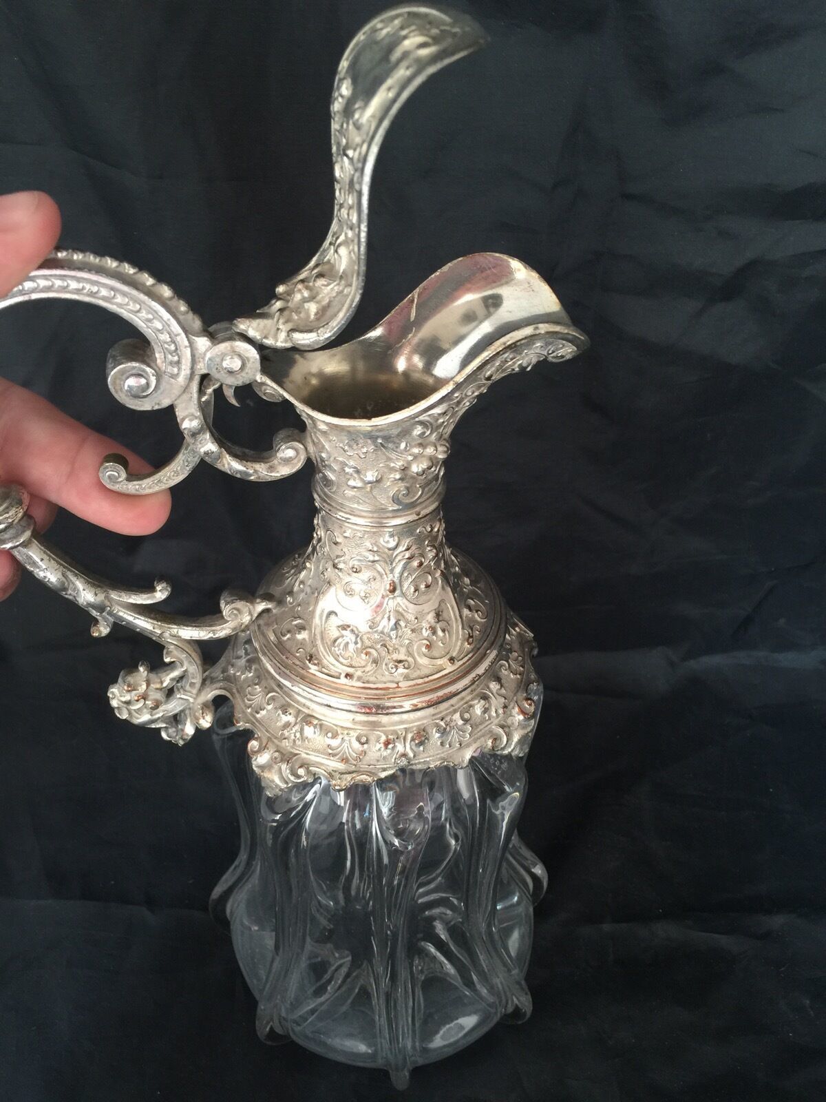 Antique Claret Jug Decanter Silver Plate Cut Glass Wine Bacchus Server