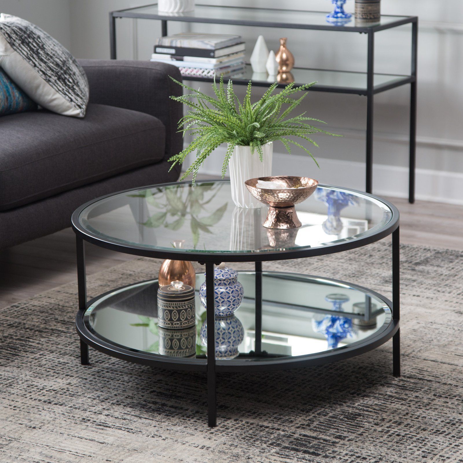Contemporary Glam Metal Glass Modern Round Black Coffee Table W Shelf Furniture Tables