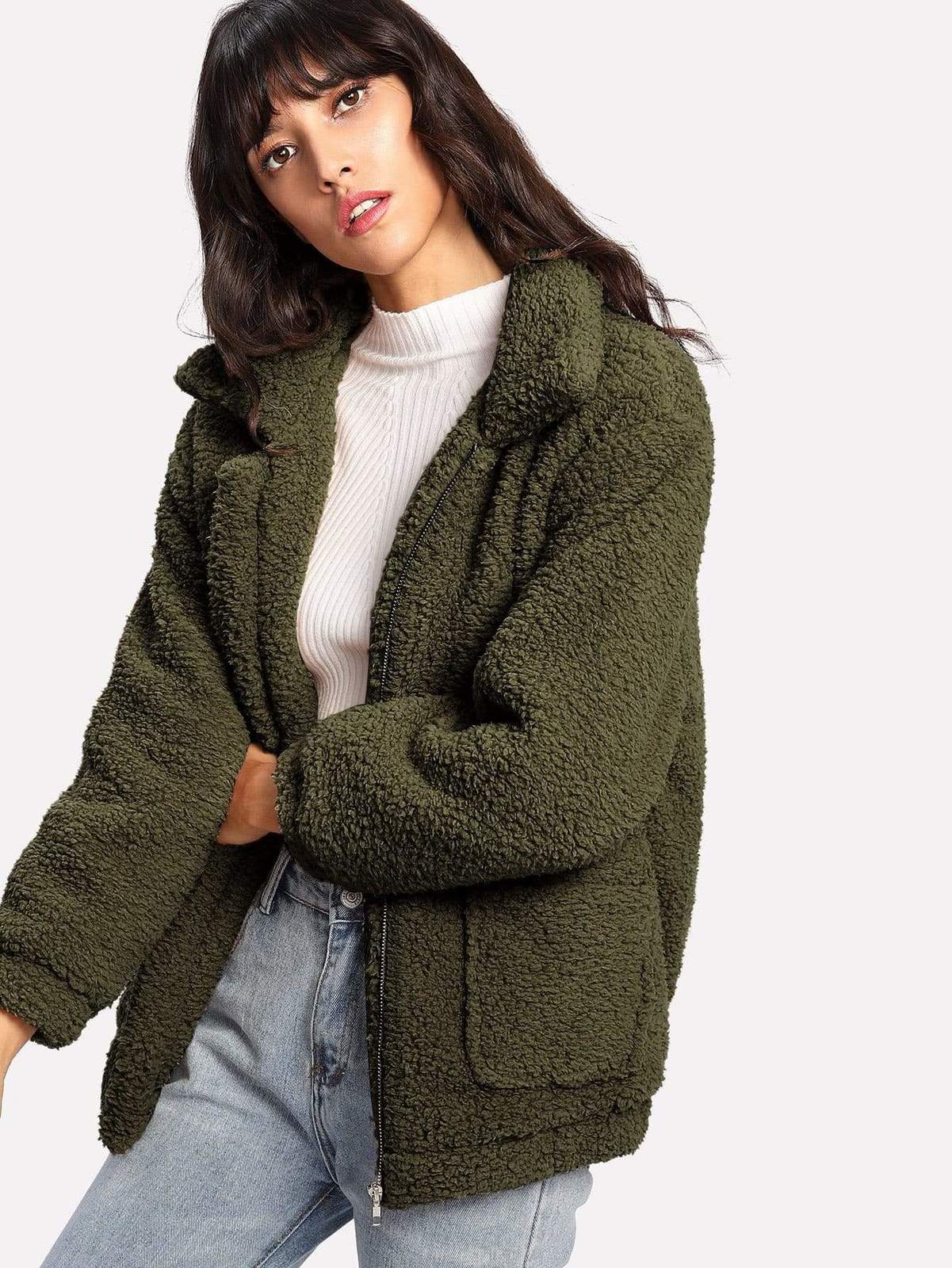 Womens Warm Winter Zip Up Solid Teddy Jacket - Coats, Jackets & Vests