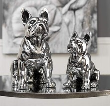 Bulldog Statues Set of 2 Silver Dolomite Home Decor 12" and 8.9" High