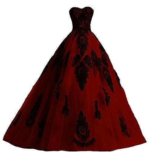 Vintage Gothic Prom Dresses Long Black Lace Wedding Ball Gown Tulle Burgundy 8