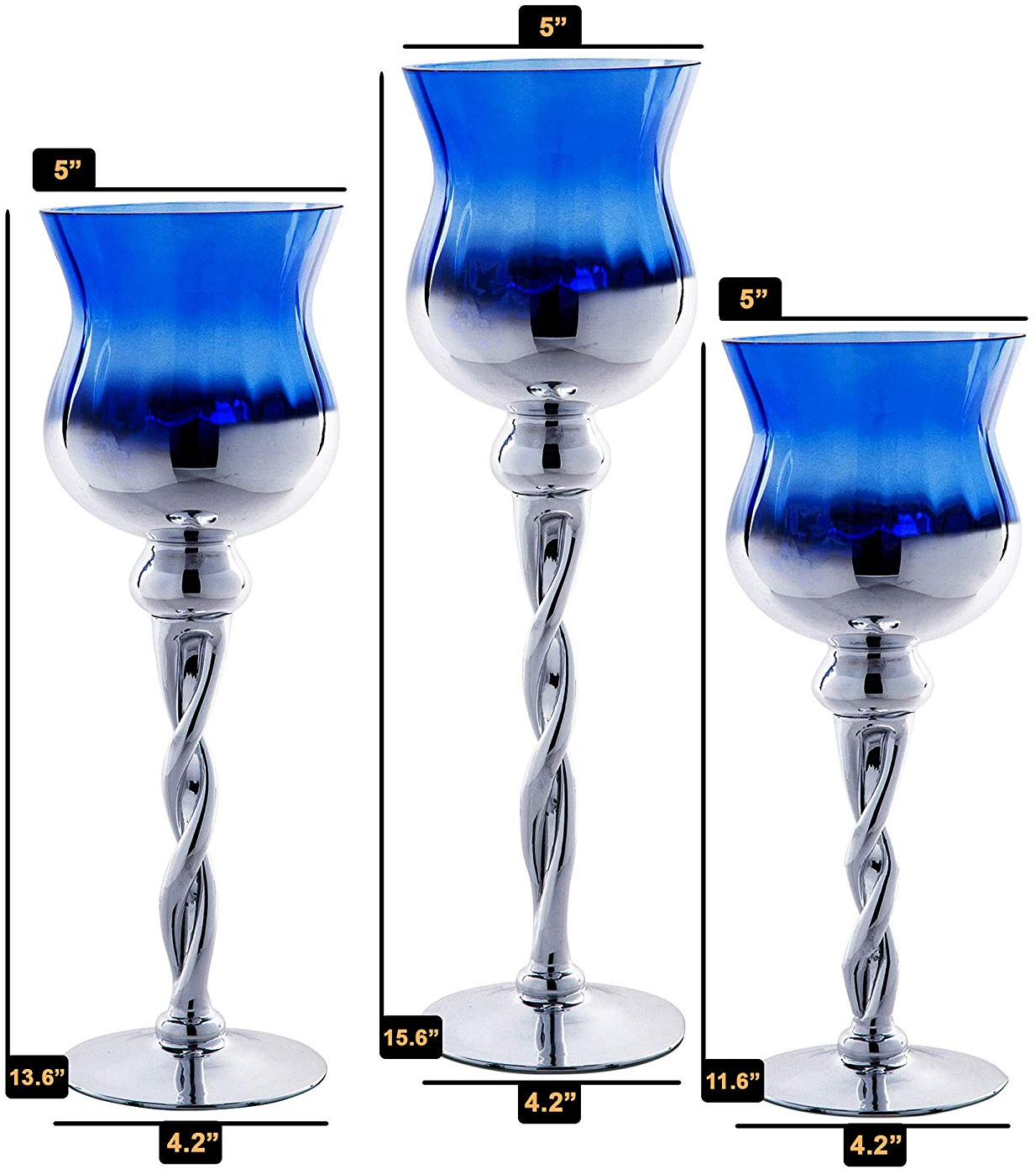 Tulip Hurricane Candle Holders Set Of 3, Blue and Silver ...