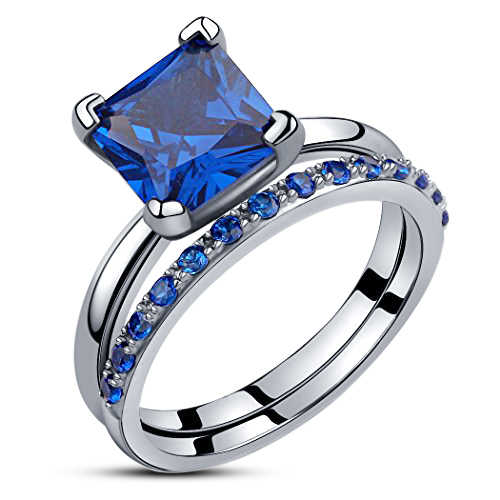 Princess Cut Blue Sapphire Engagement Ring Set 14k White Gold Finish ...