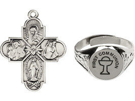 4-Way Medal with an adjustable ring - First Communion Silver Plated Set - $45.99