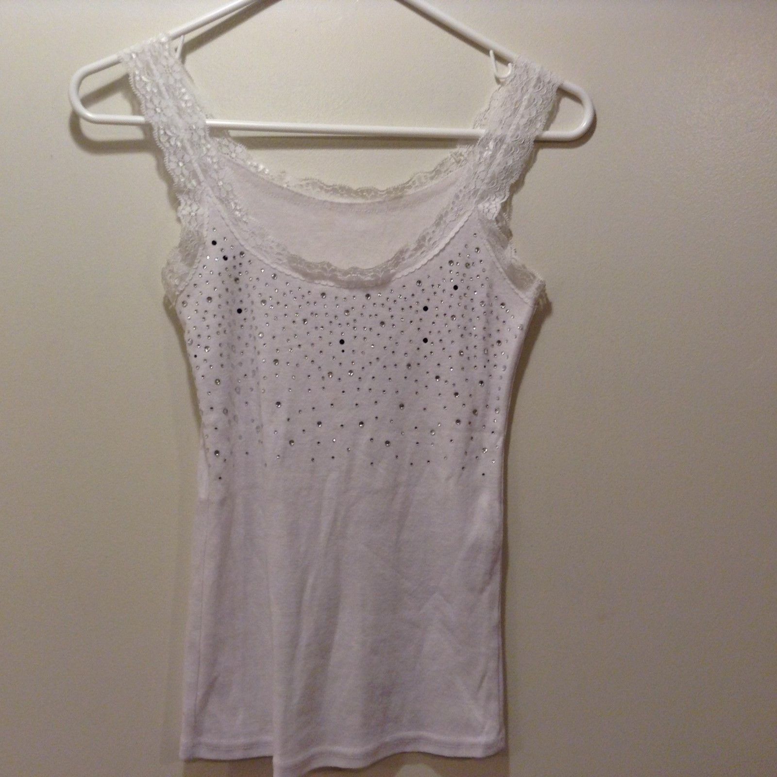 White Lacey Beaded/Rhinestone Tank Top & Embroidered Beige Tank Sz S/M