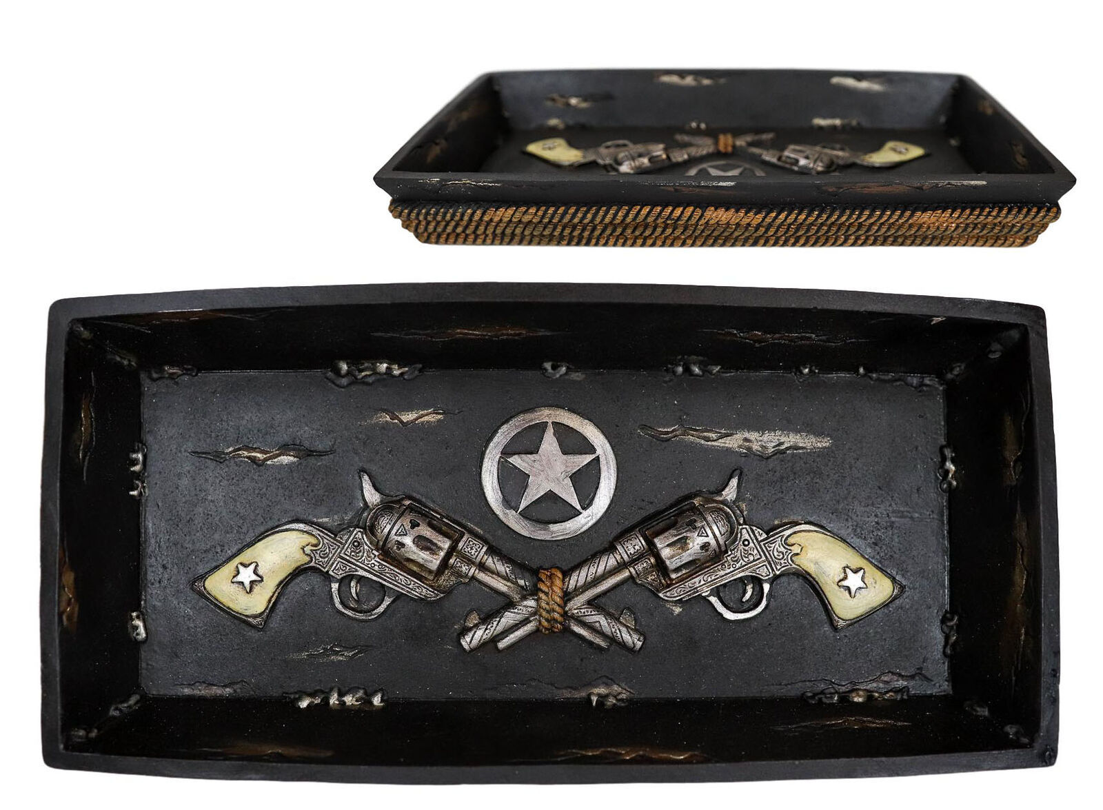 Ebros Rustic Cowboy Dual Revolver Six Shooter Western Star & Ropes Jewelry Tray